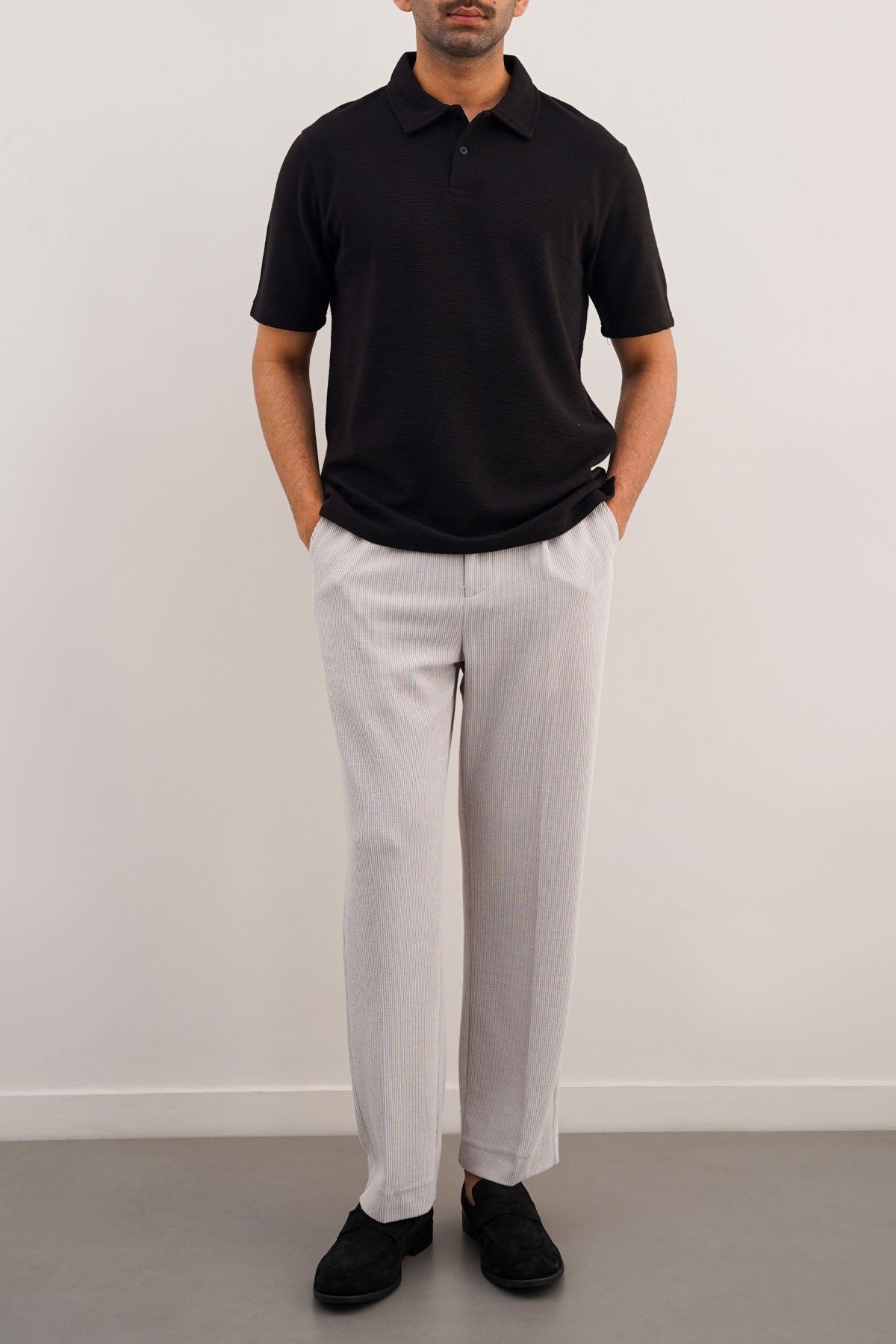 Black Soft Jacquard Collared Relaxed Fit Polo