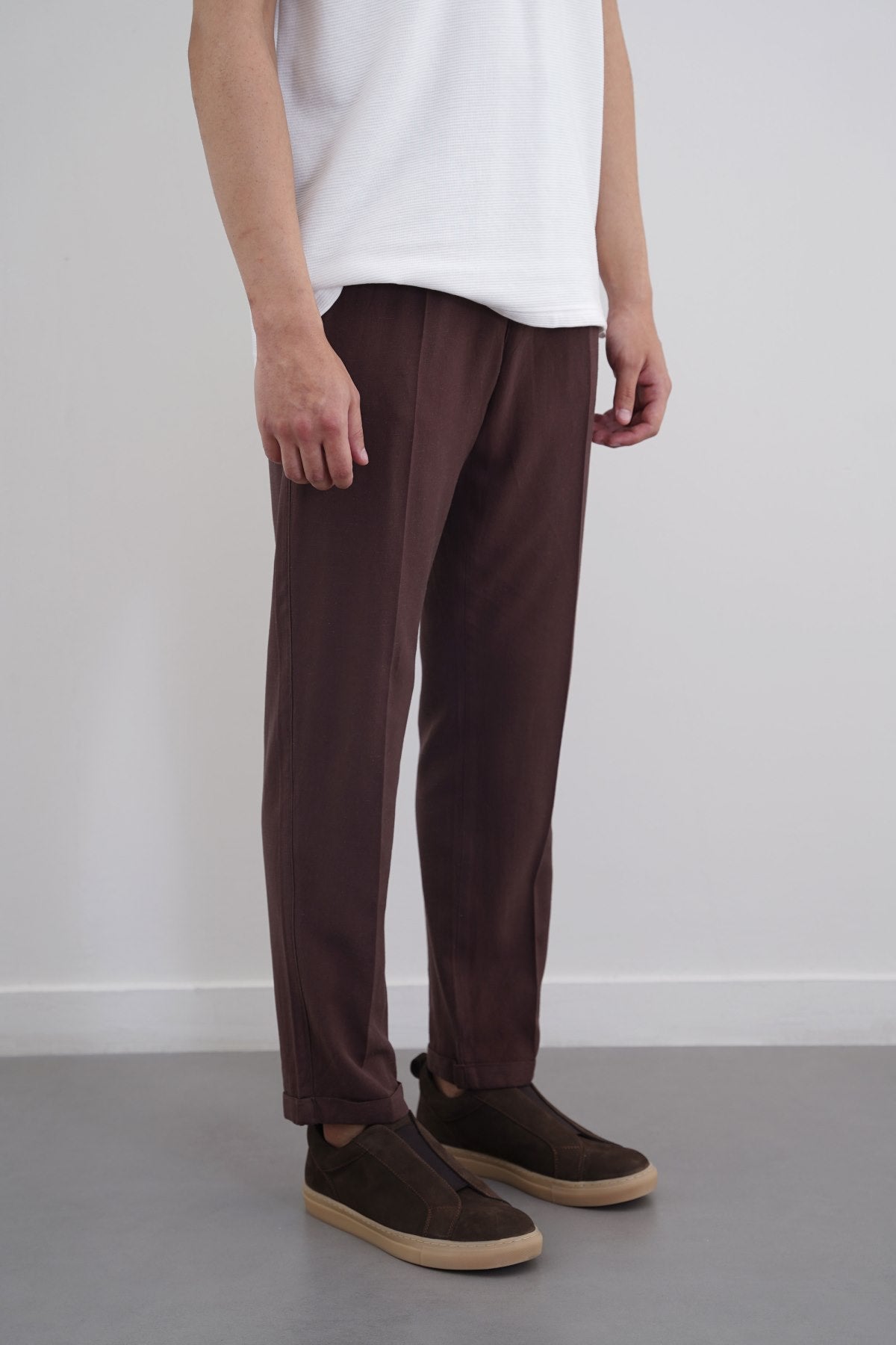 Coffee Straight Fit Turn-Up Pants with Elastic Waistband