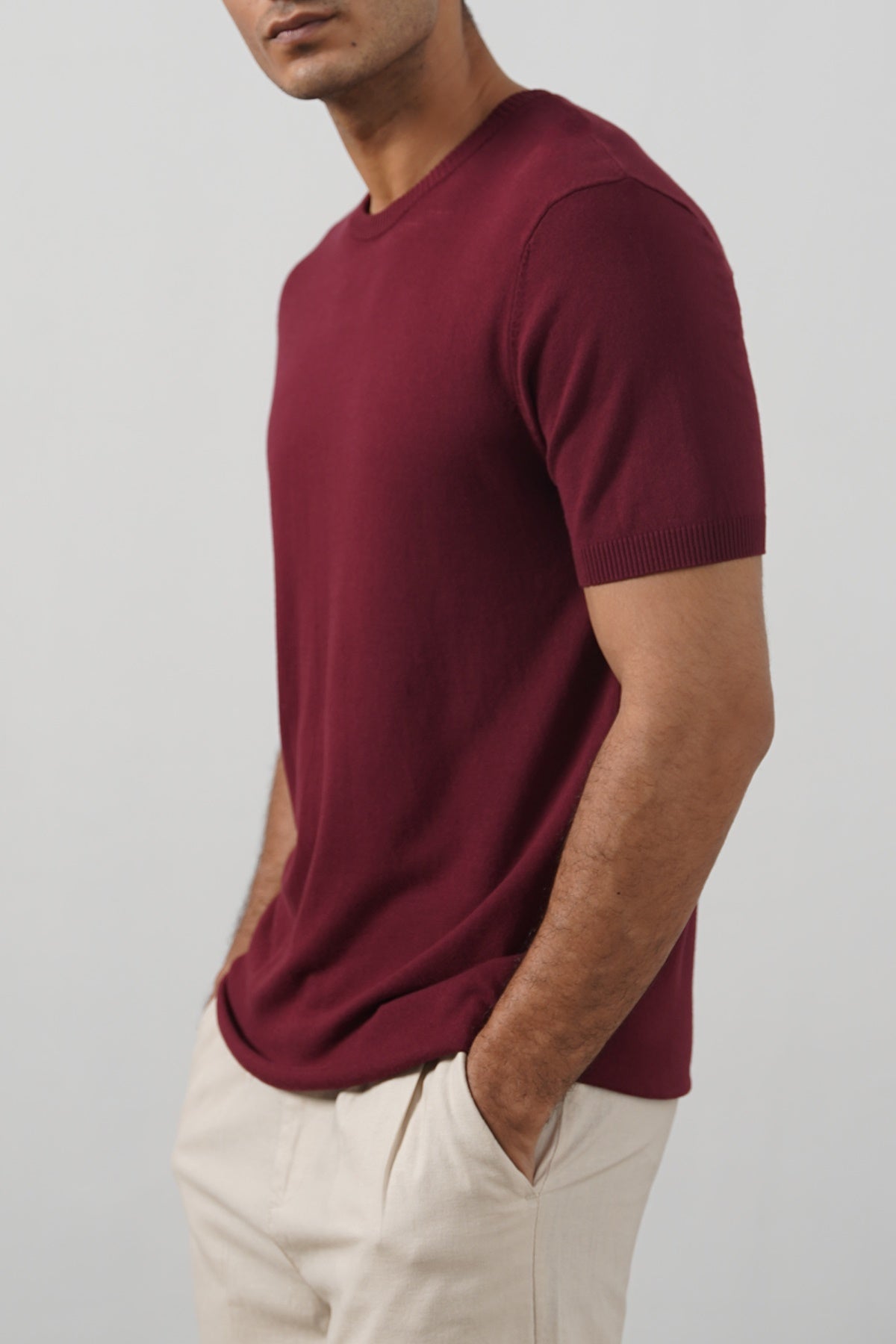 Maroon Fitted Crew Neck T-Shirt with Ribbed Detail - Regular Hand Feel