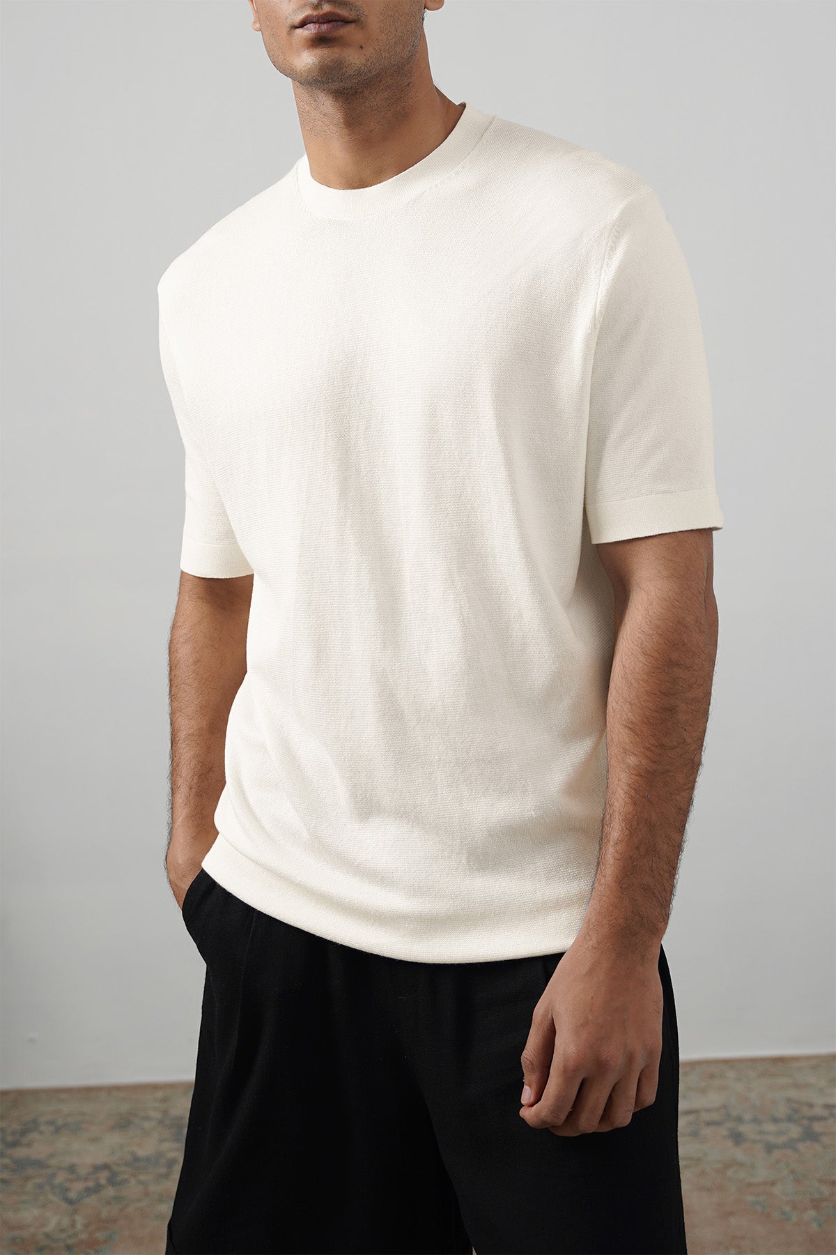 Ivory Soft Fitted Crew Neck Ribbed T-Shirt
