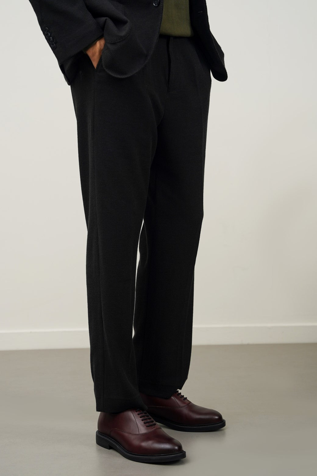 Black Pleated Textured Regular Fit Trousers