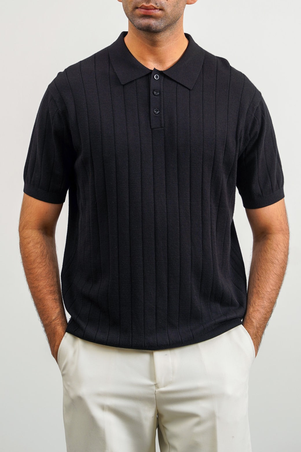 Black Regular Fit Collared Polo Shirt with Button Fastening