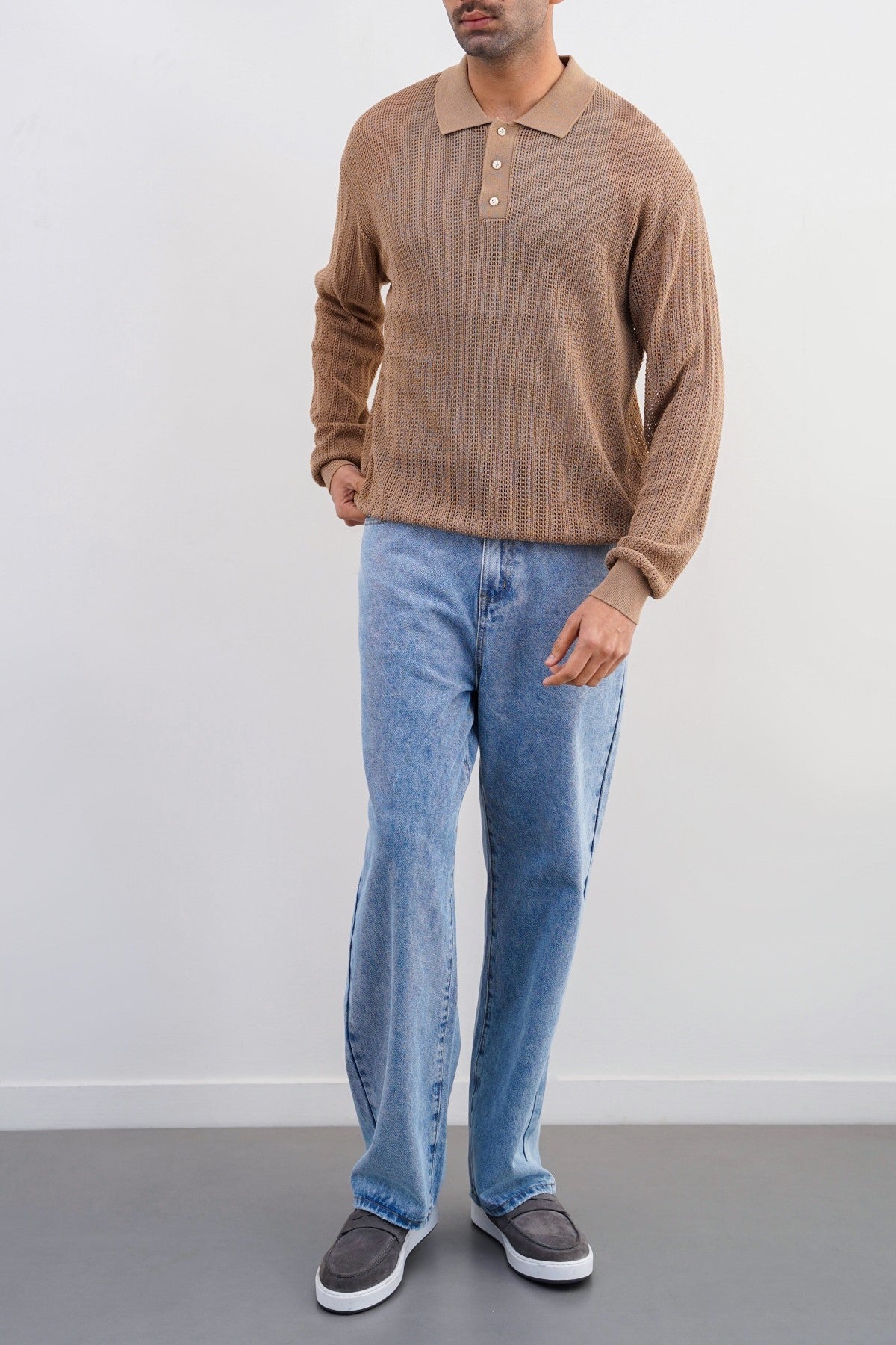Beige Relaxed Fit Crochet Knit Polo Shirt with Ribbed Details