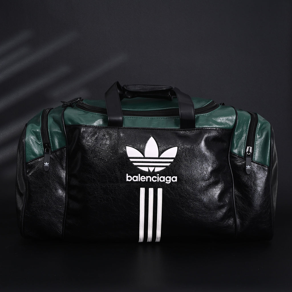 Balenciaga x adidas Large Duffel Travel Bag – Black & Green with Trefoil Logo and Triple Stripes
