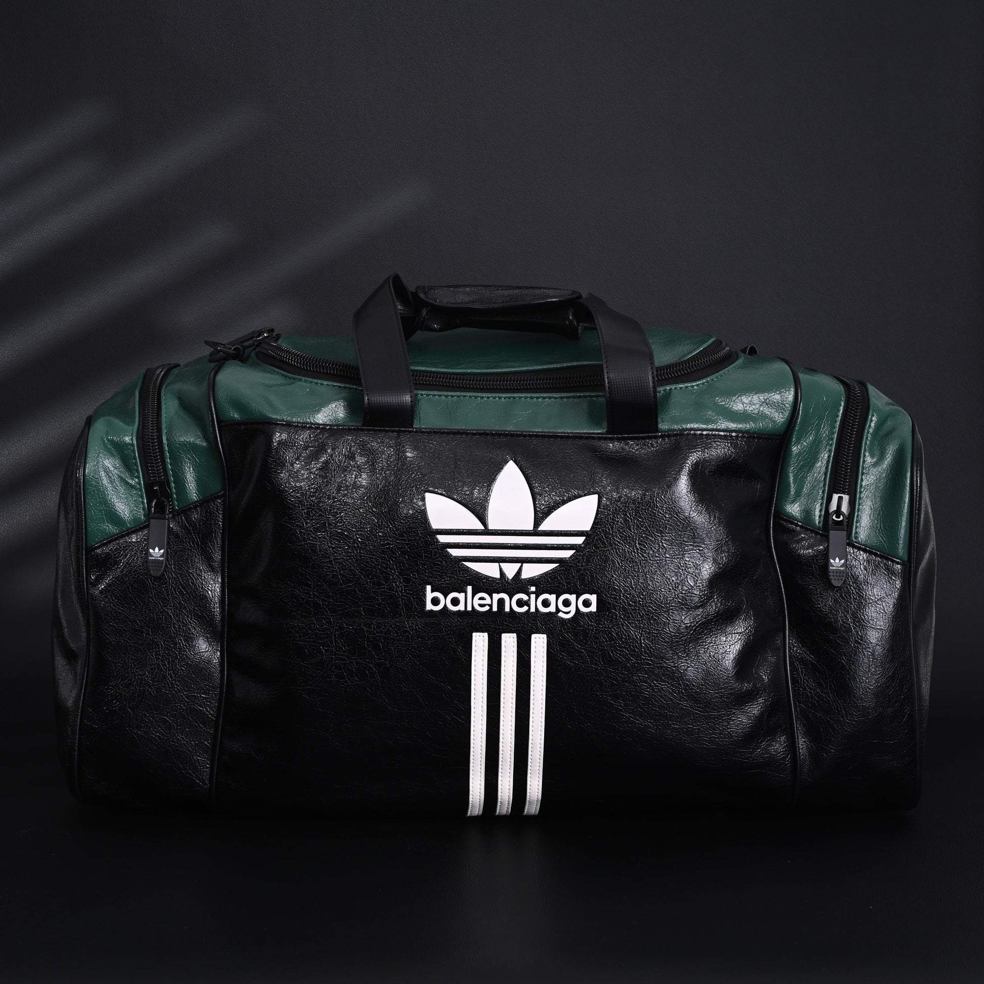 Balenciaga x adidas Large Duffel Travel Bag – Black & Green with Trefoil Logo and Triple Stripes