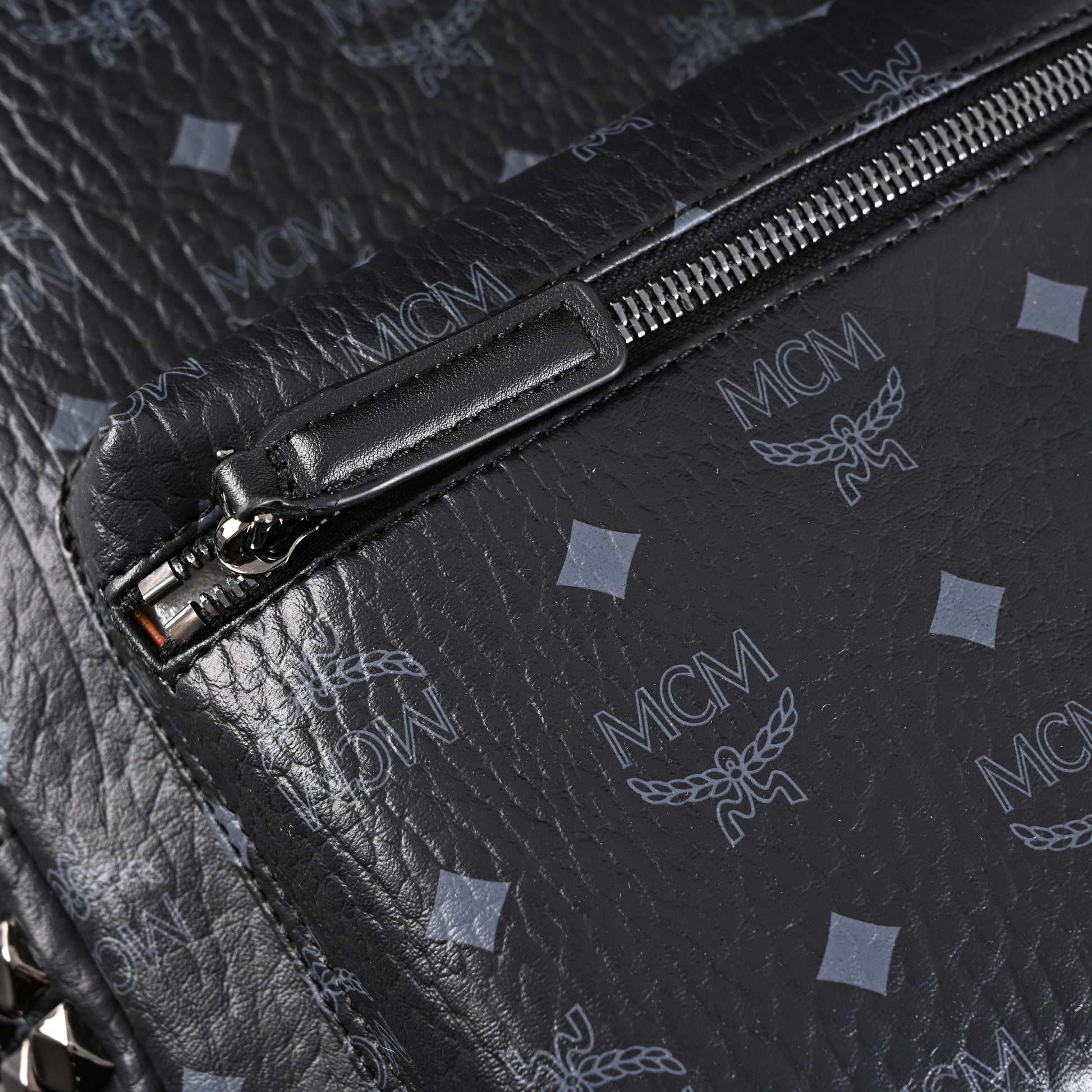 MCM Stark Visetos Medium Backpack – Black Monogram with Studded Detailing