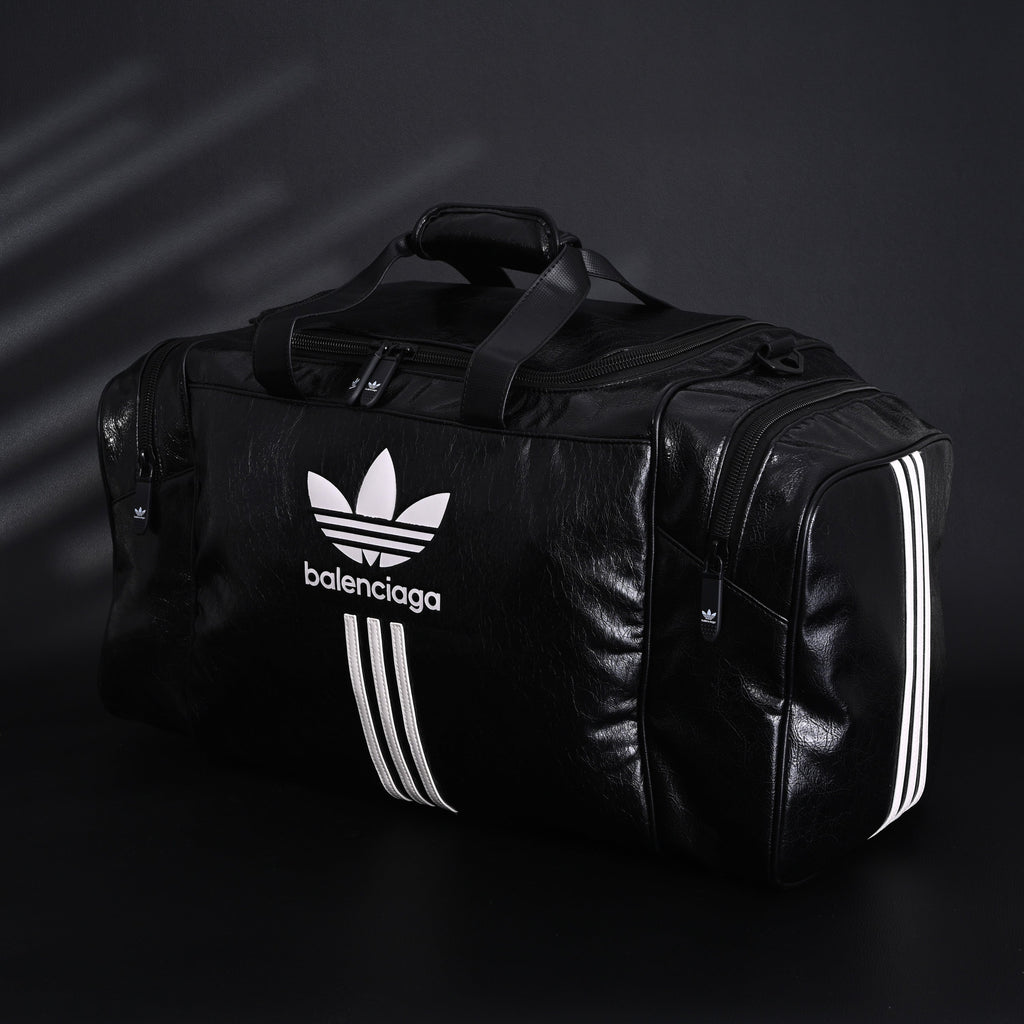 Balenciaga x adidas Large Duffel Travel Bag – Black with Trefoil Logo and Triple Stripes