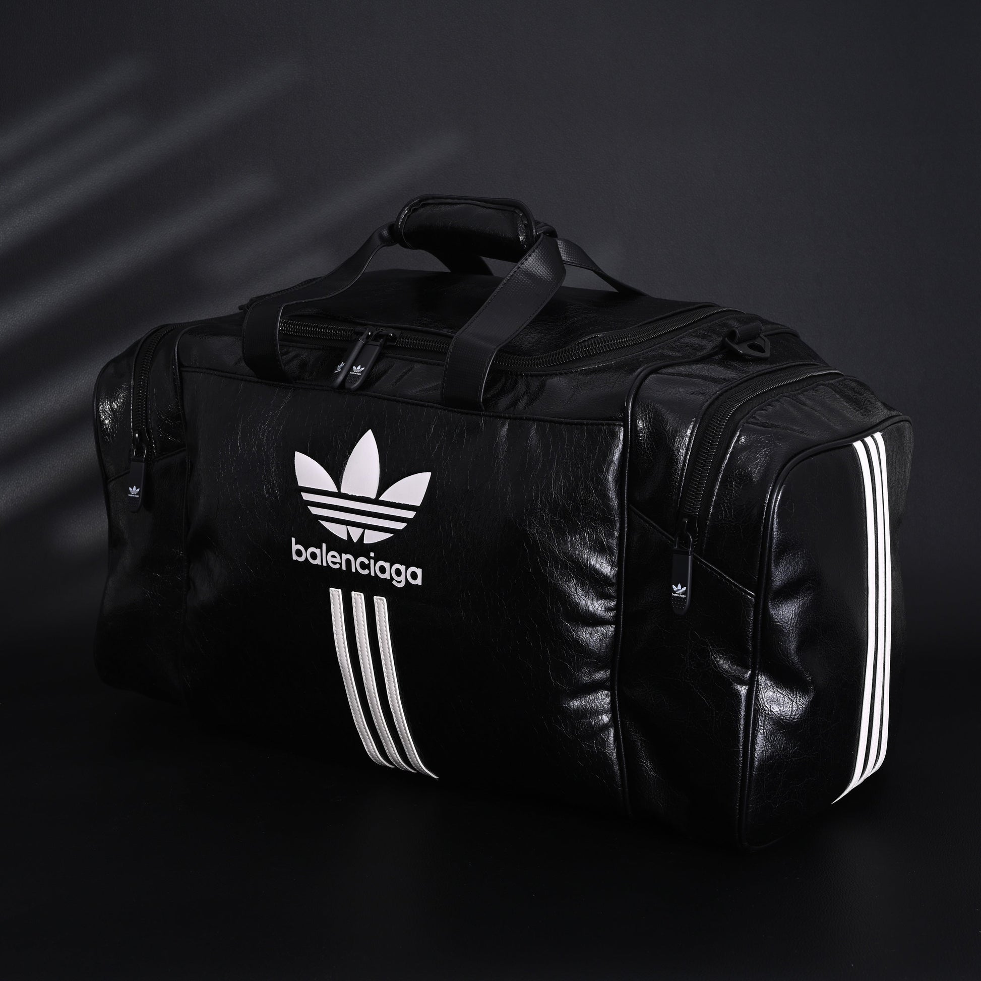 Balenciaga x adidas Large Duffel Travel Bag – Black with Trefoil Logo and Triple Stripes