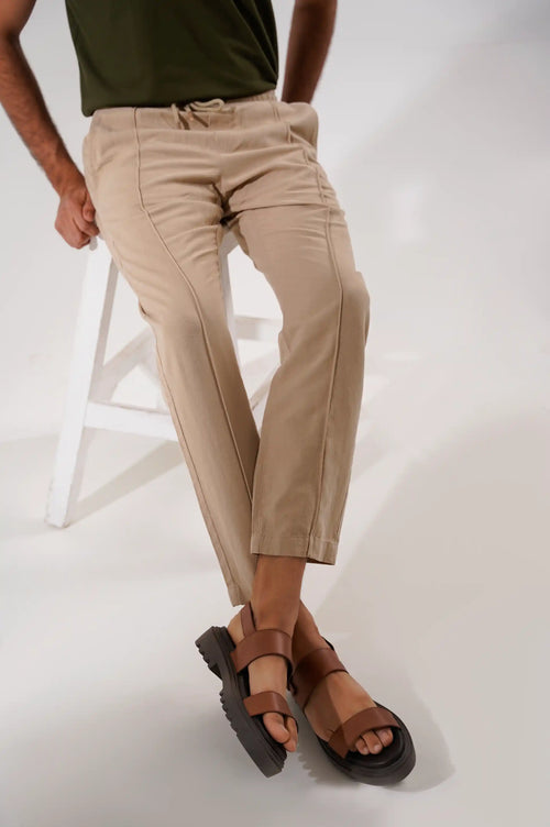 Beige Middle-Seam Relax Fit Pants with Drawstring