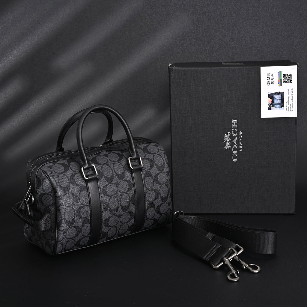 Coach Signature Duffel Bag – Black Monogram Canvas with Leather Trim