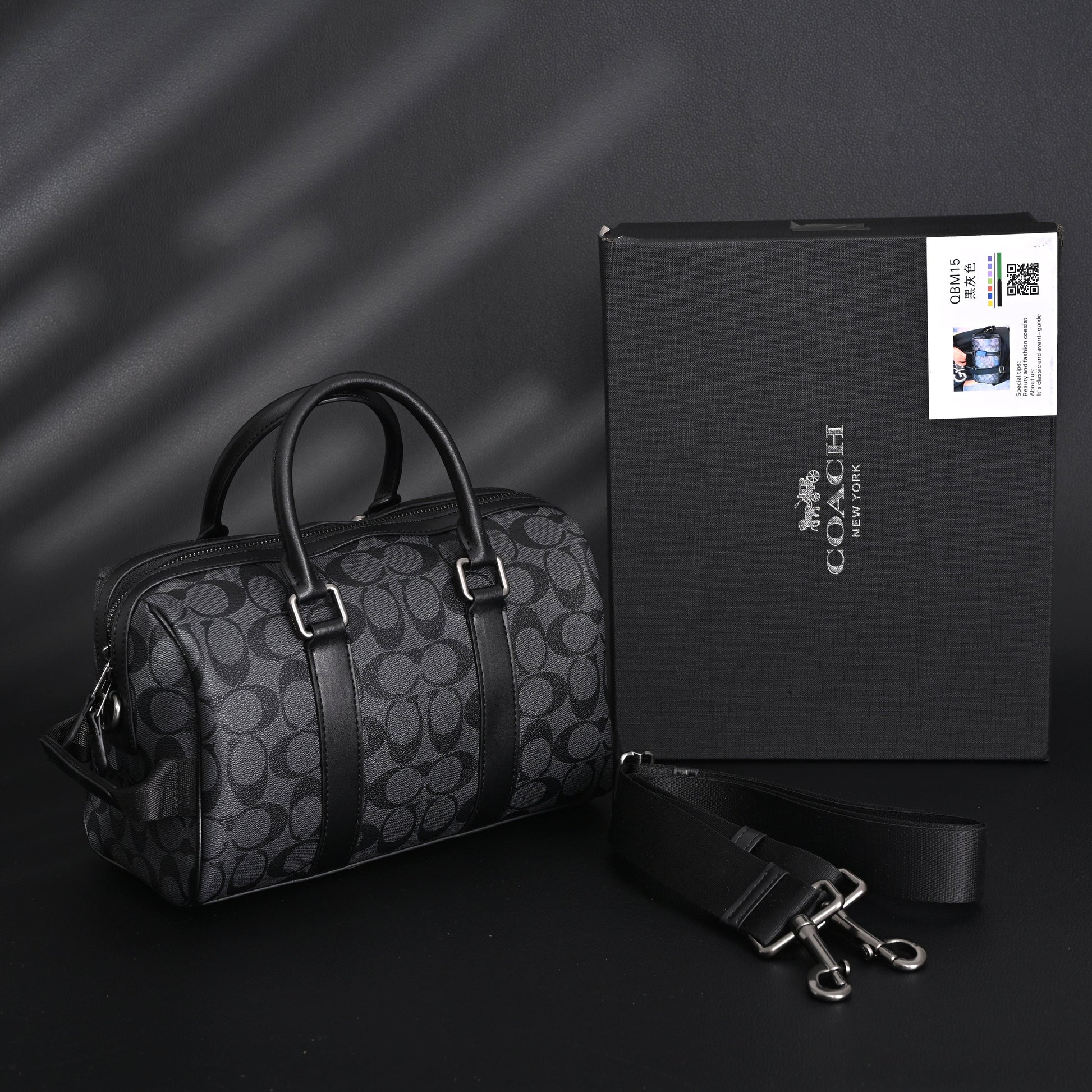 Coach Signature Duffel Bag – Black Monogram Canvas with Leather Trim