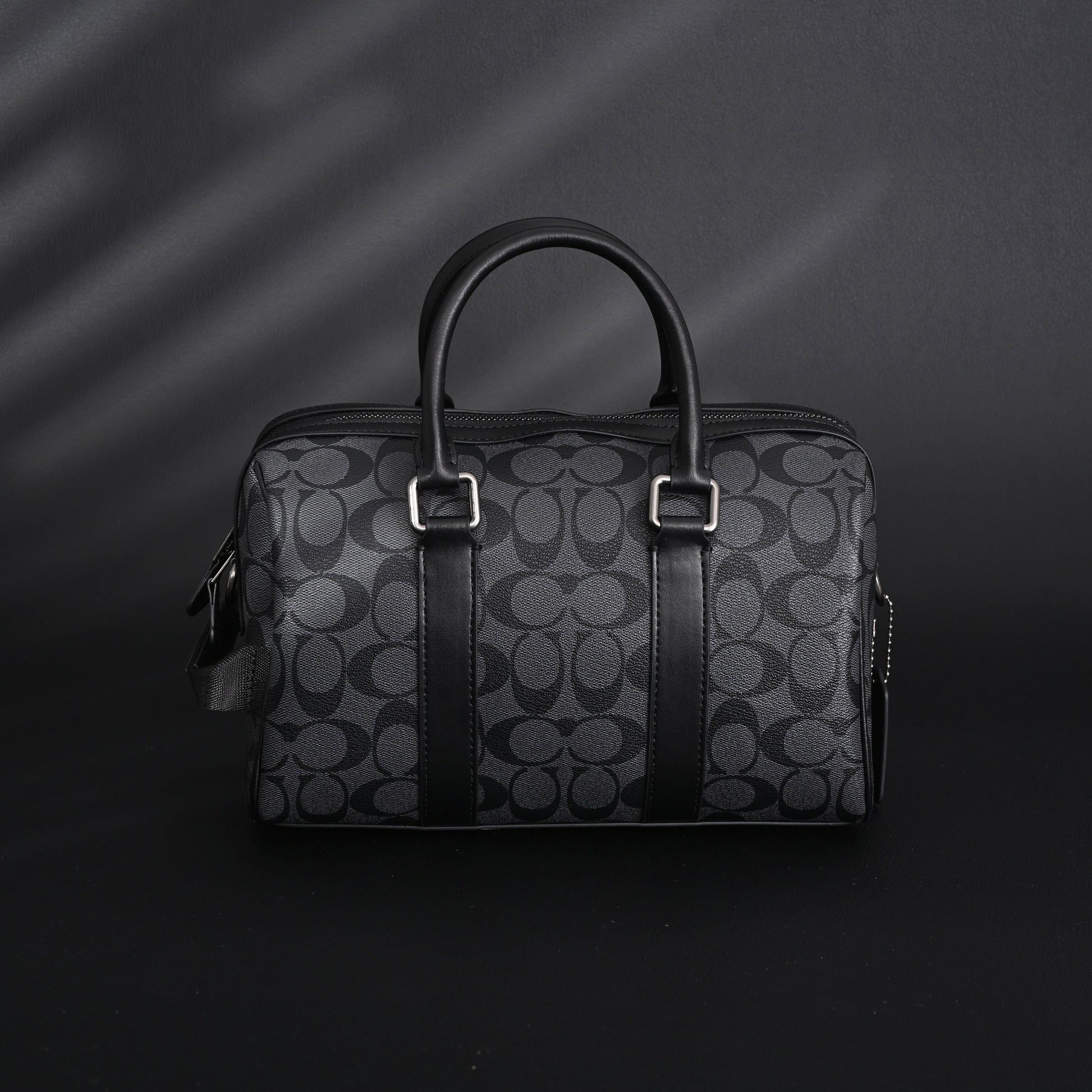 Coach Signature Duffel Bag – Black Monogram Canvas with Leather Trim