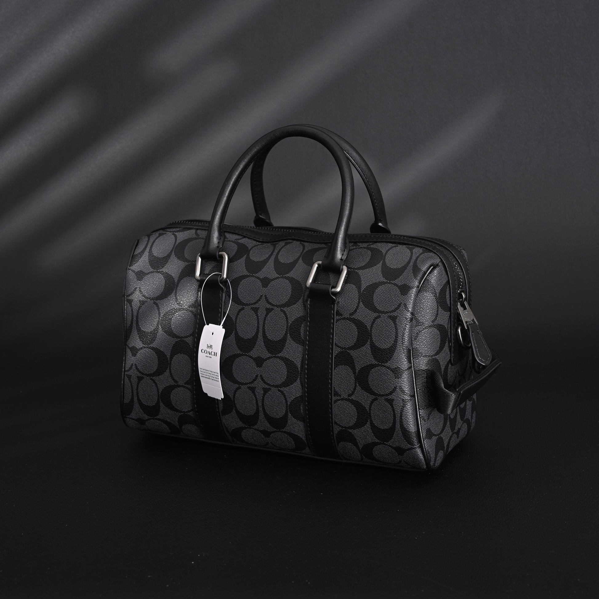 Coach Signature Duffel Bag – Black Monogram Canvas with Leather Trim