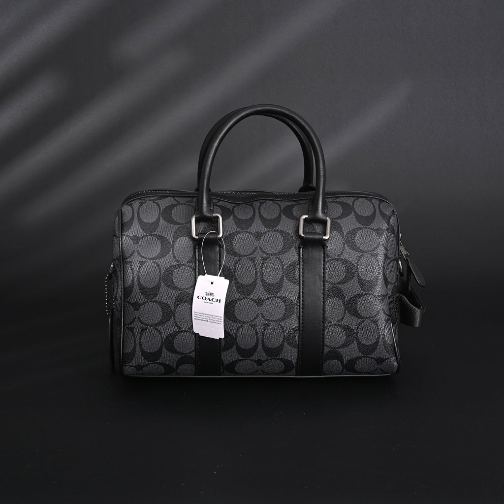 Coach Signature Duffel Bag – Black Monogram Canvas with Leather Trim