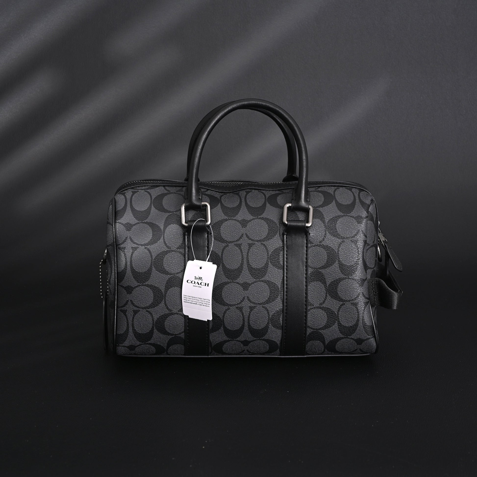 Coach Signature Duffel Bag – Black Monogram Canvas with Leather Trim