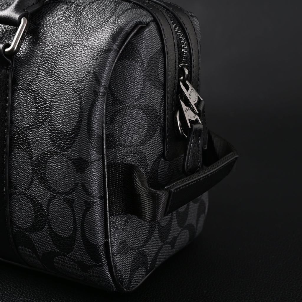 Coach Signature Duffel Bag – Black Monogram Canvas with Leather Trim