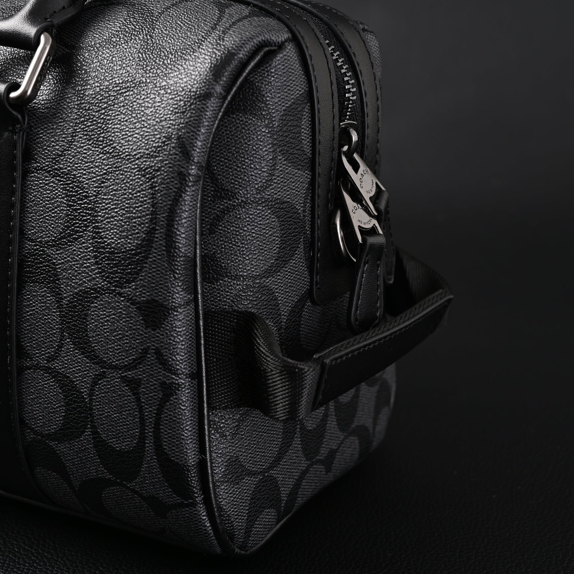 Coach Signature Duffel Bag – Black Monogram Canvas with Leather Trim