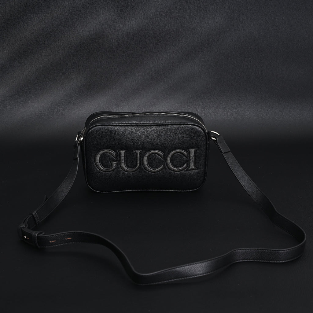 Gucci Black Leather Embossed Logo Belt Bag