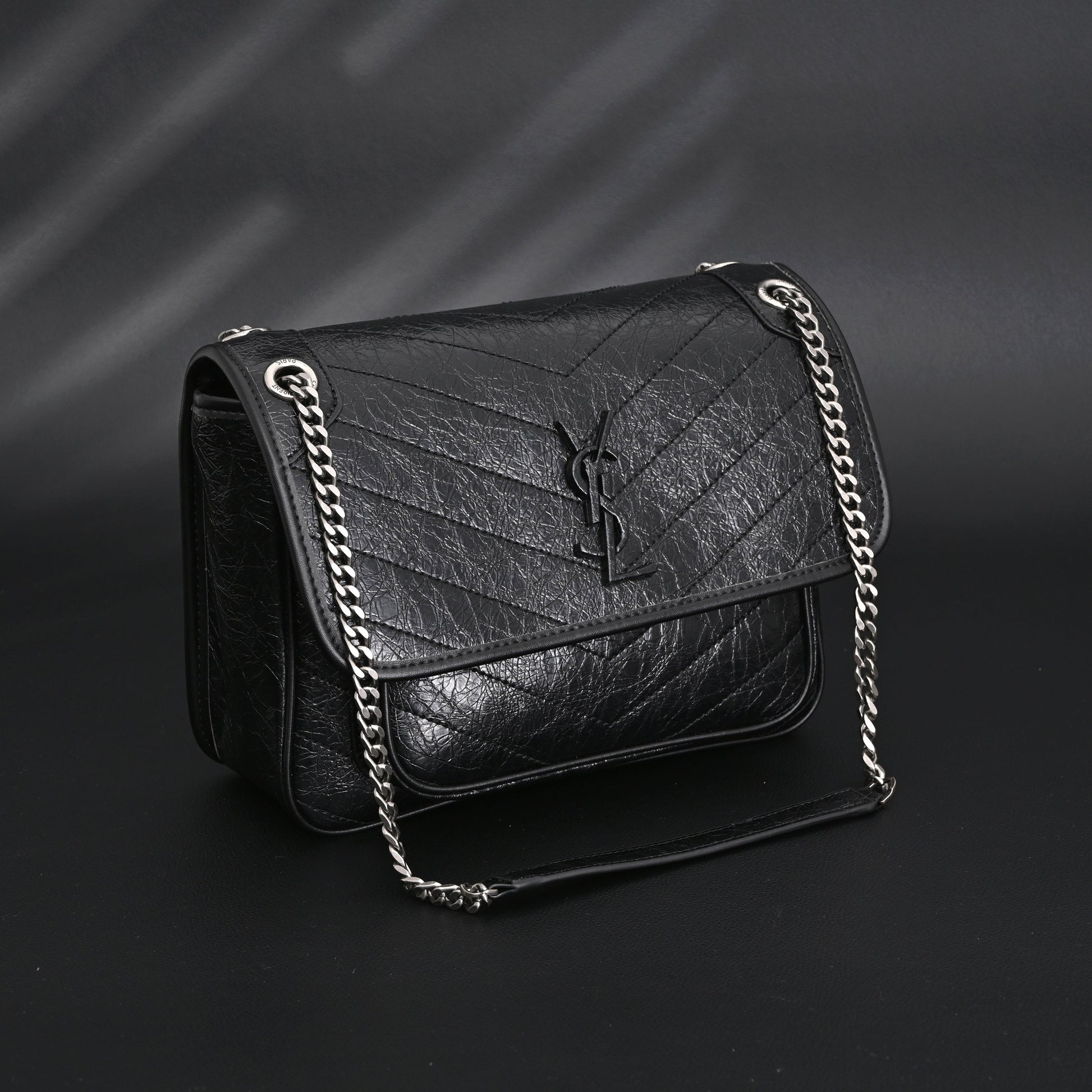 Saint Laurent Niki Medium Black Crinkled Leather Shoulder Bag