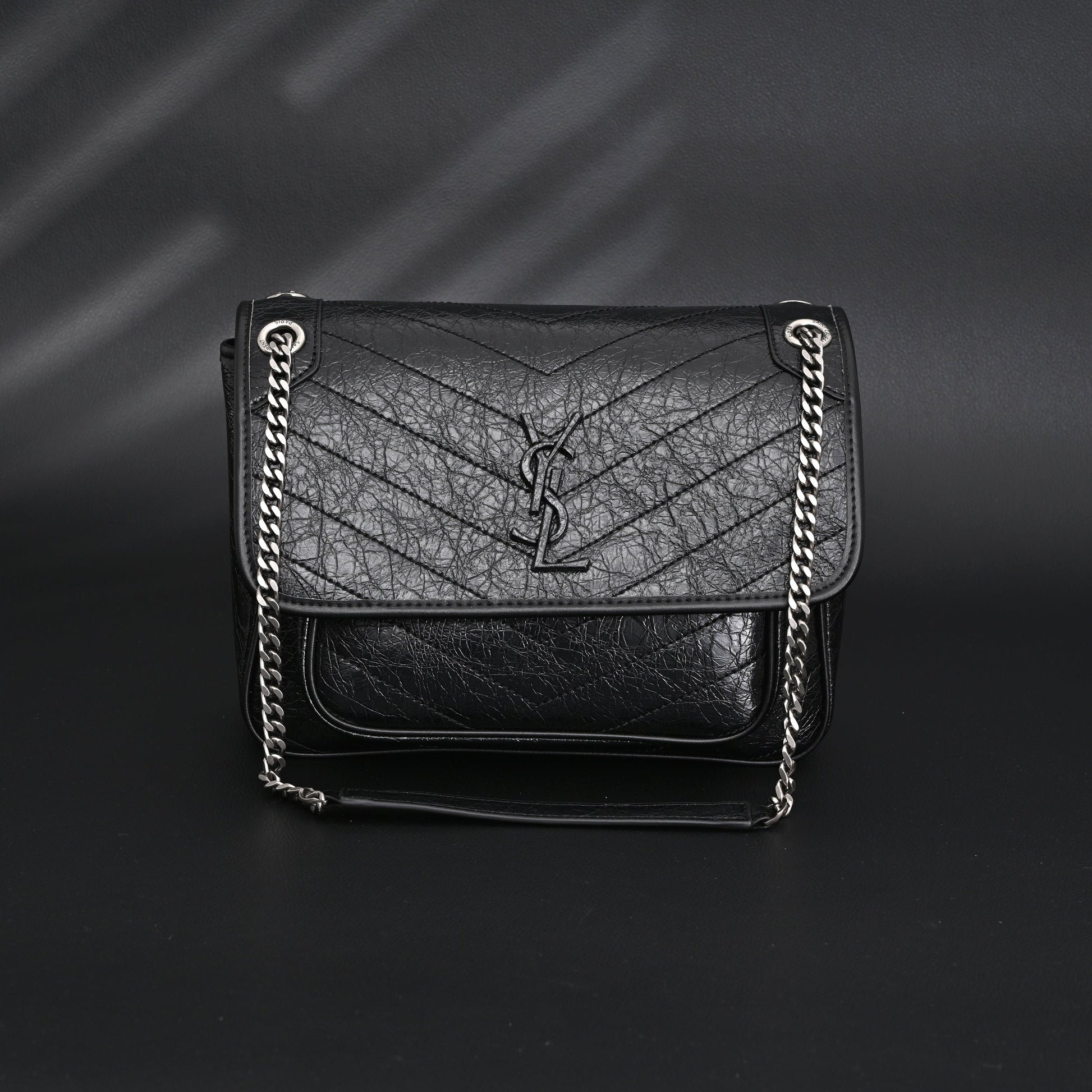 Saint Laurent Niki Medium Black Crinkled Leather Shoulder Bag