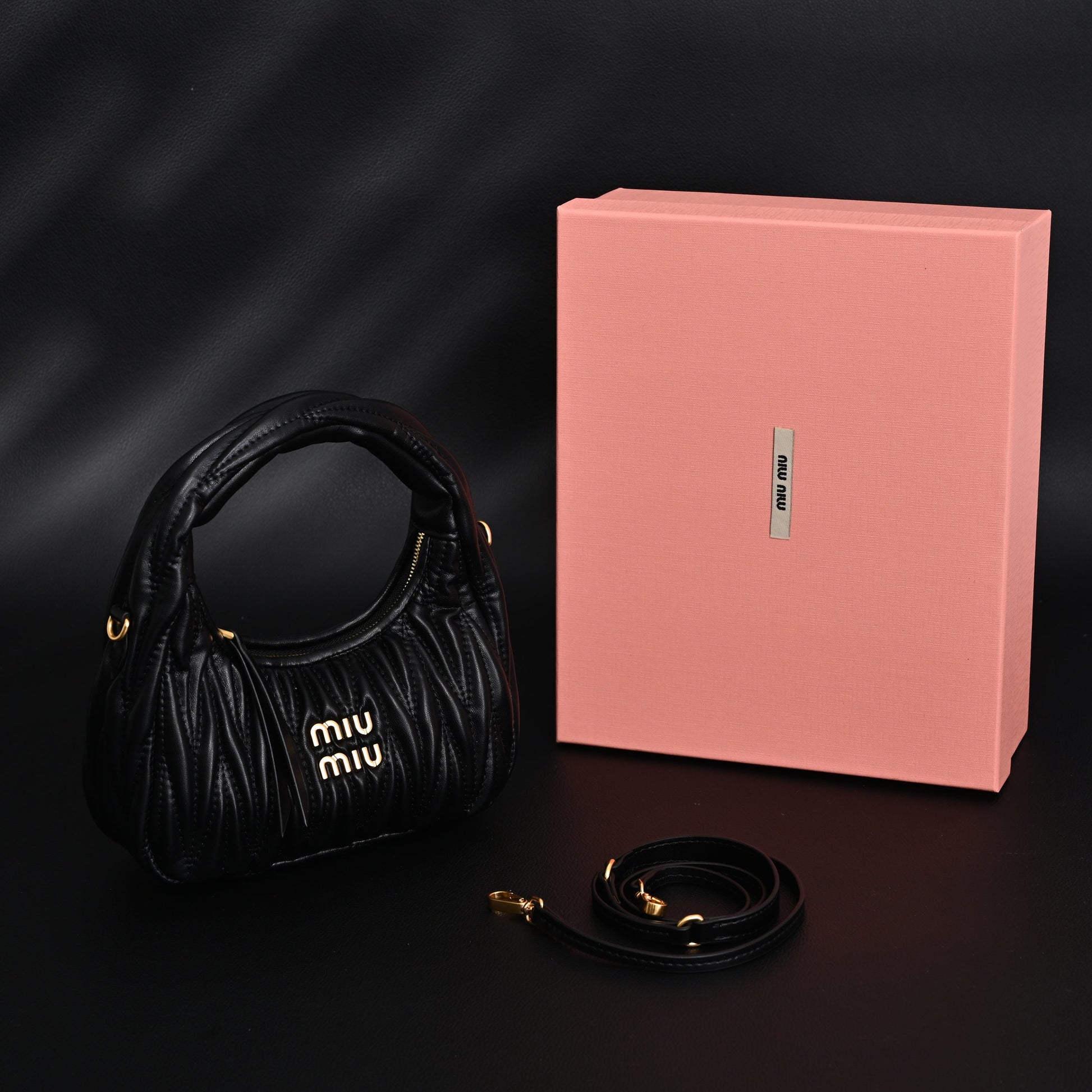 Miu Miu Matelassé Leather Hobo Bag – Black with Gold Hardware