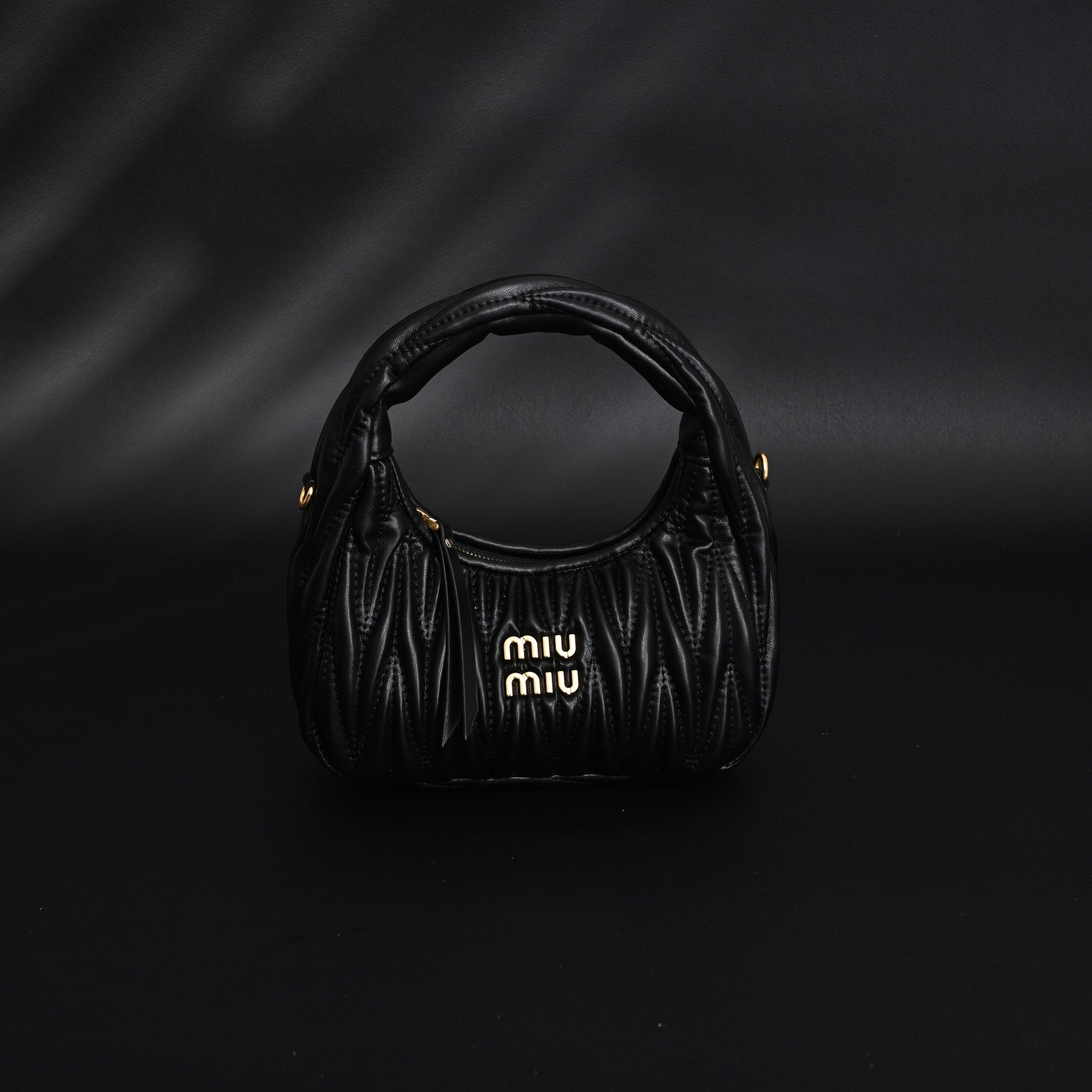 Miu Miu Matelassé Leather Hobo Bag – Black with Gold Hardware