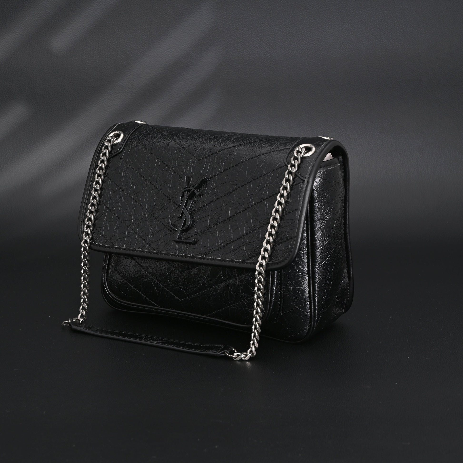 Saint Laurent Niki Medium Black Crinkled Leather Shoulder Bag