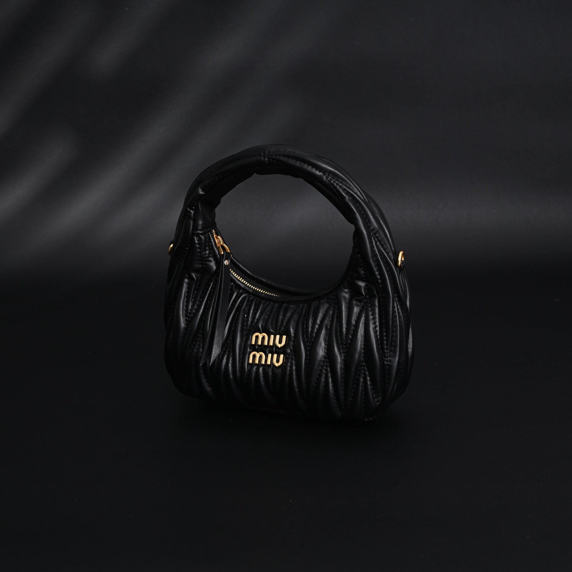 Miu Miu Matelassé Leather Hobo Bag – Black with Gold Hardware