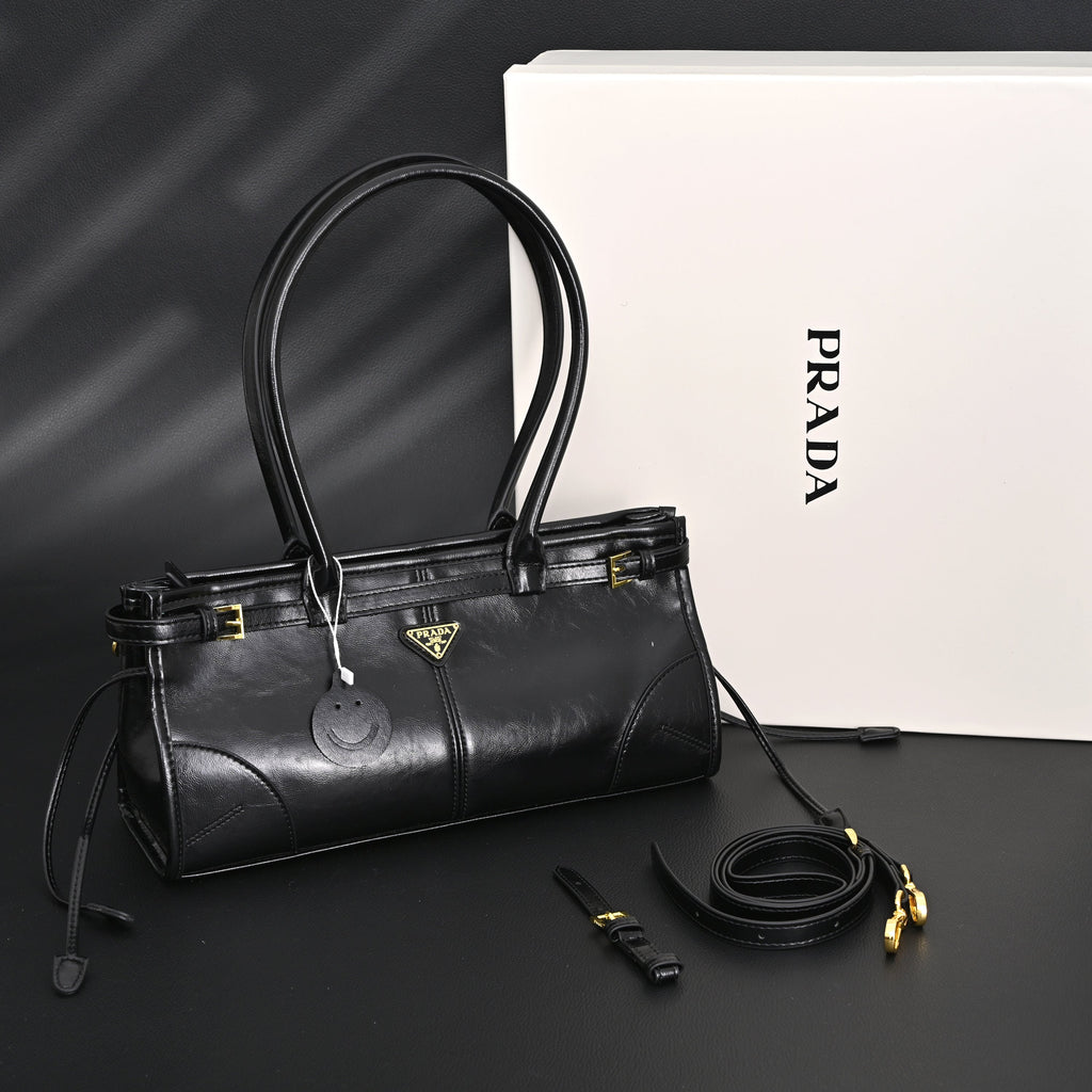 Prada Cleo Black Patent Leather Shoulder Bag with Gold Hardware