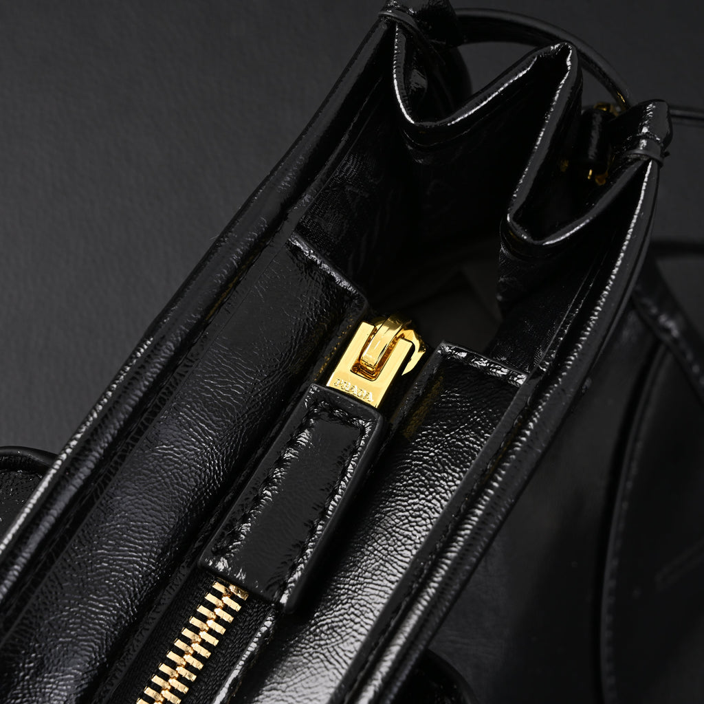 Prada Cleo Black Patent Leather Shoulder Bag with Gold Hardware