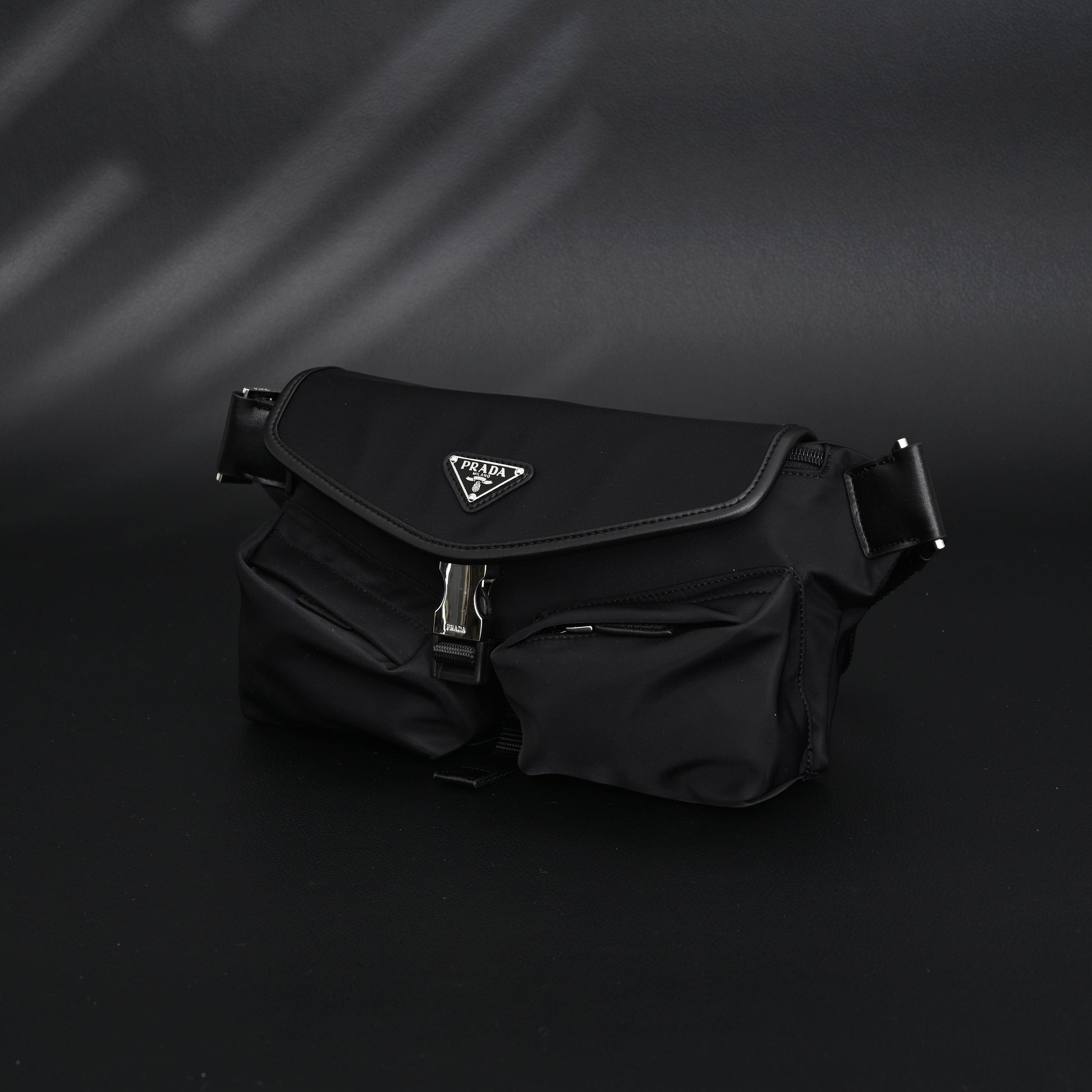 Prada Nylon Black Belt Bag with Silver Logo