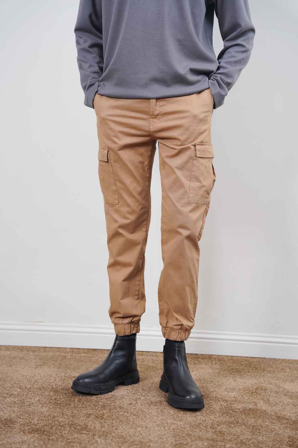 Khaki Slim Fit Soft Cargo Pants with Elastic Waist and Cuffed Hems