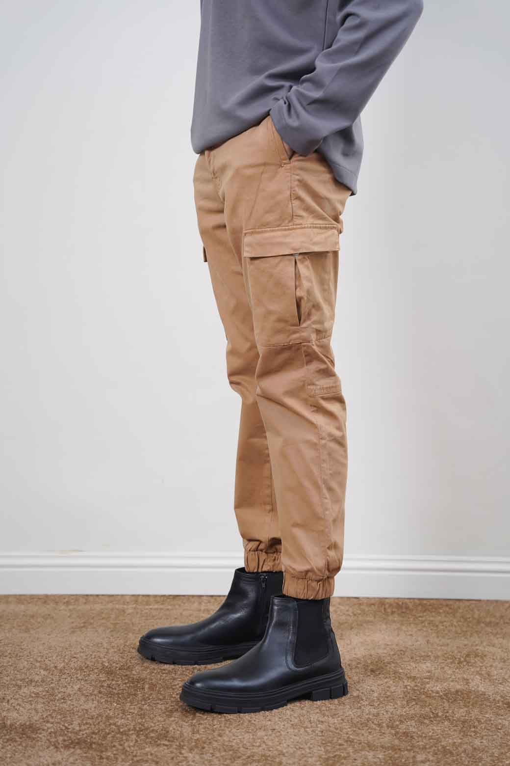 Khaki Slim Fit Soft Cargo Pants with Elastic Waist and Cuffed Hems