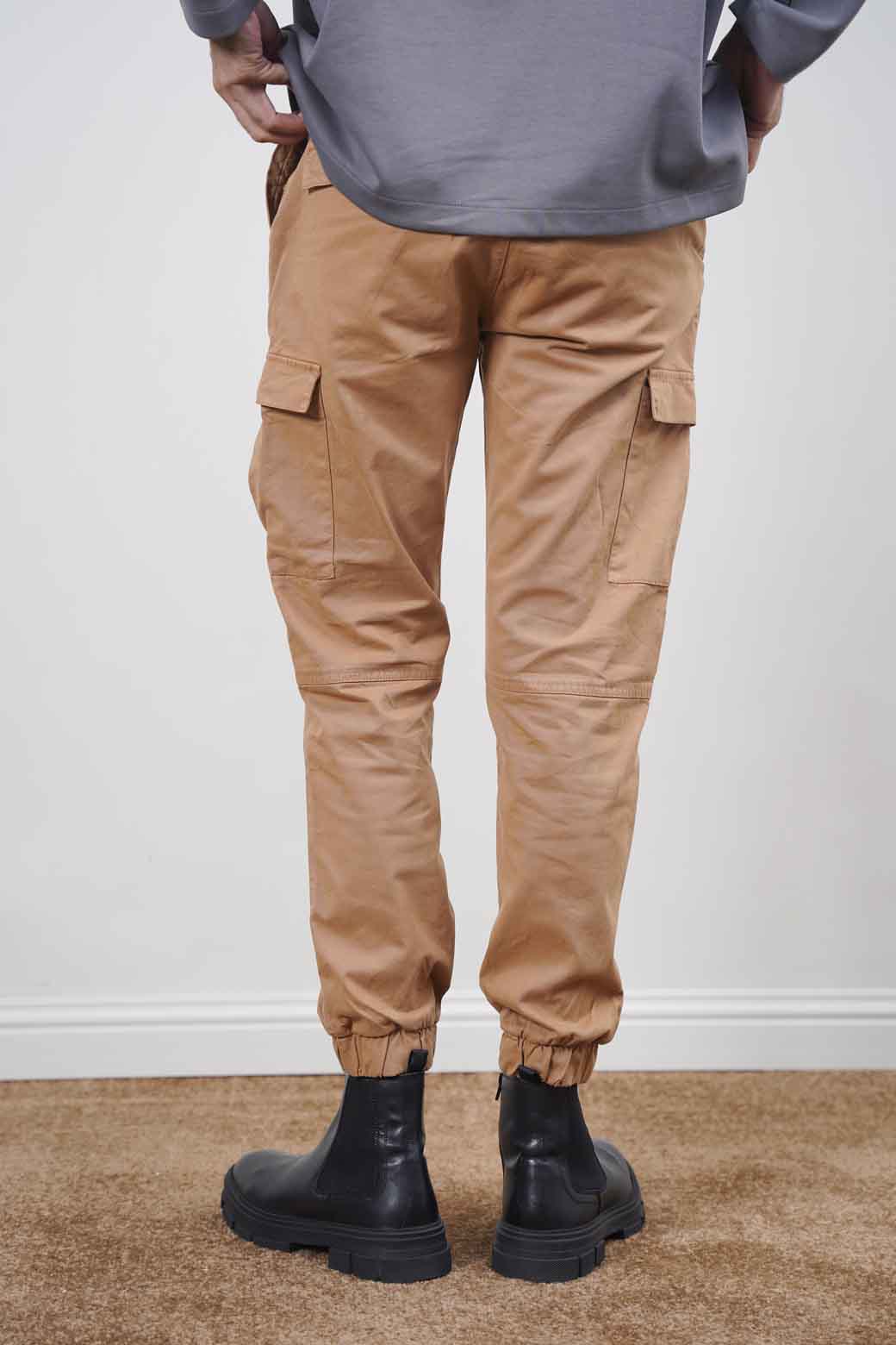 Khaki Slim Fit Soft Cargo Pants with Elastic Waist and Cuffed Hems