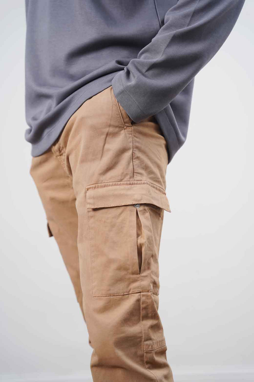 Khaki Slim Fit Soft Cargo Pants with Elastic Waist and Cuffed Hems – Cool Havn