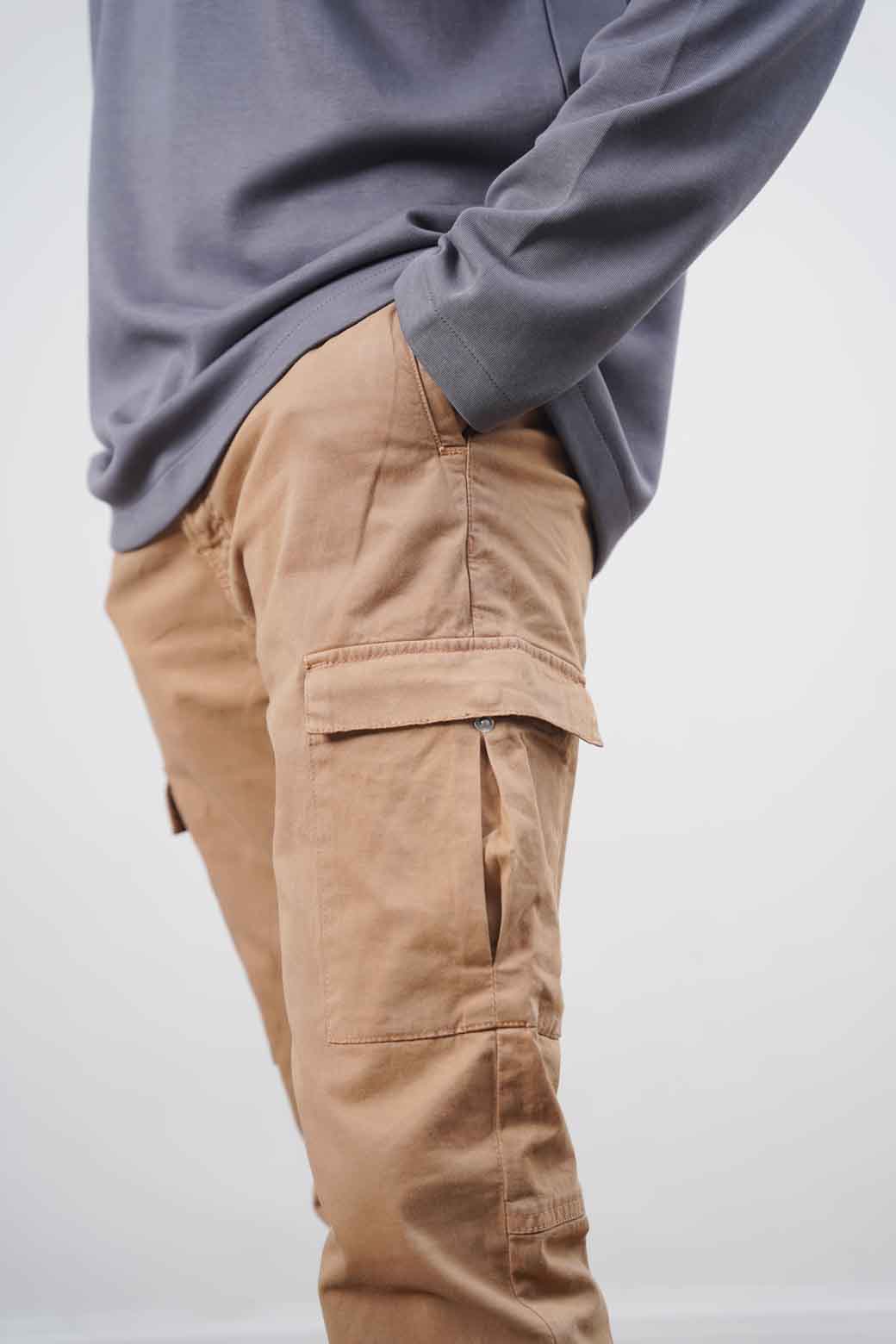 Khaki Slim Fit Soft Cargo Pants with Elastic Waist and Cuffed Hems
