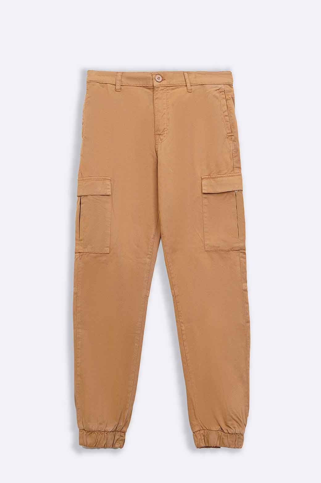 Khaki Slim Fit Soft Cargo Pants with Elastic Waist and Cuffed Hems