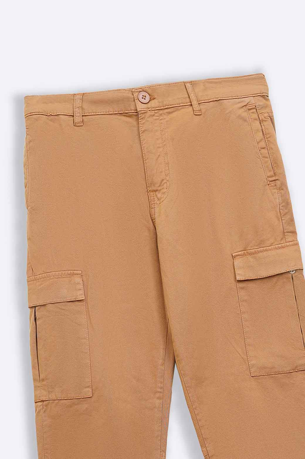 Khaki Slim Fit Soft Cargo Pants with Elastic Waist and Cuffed Hems