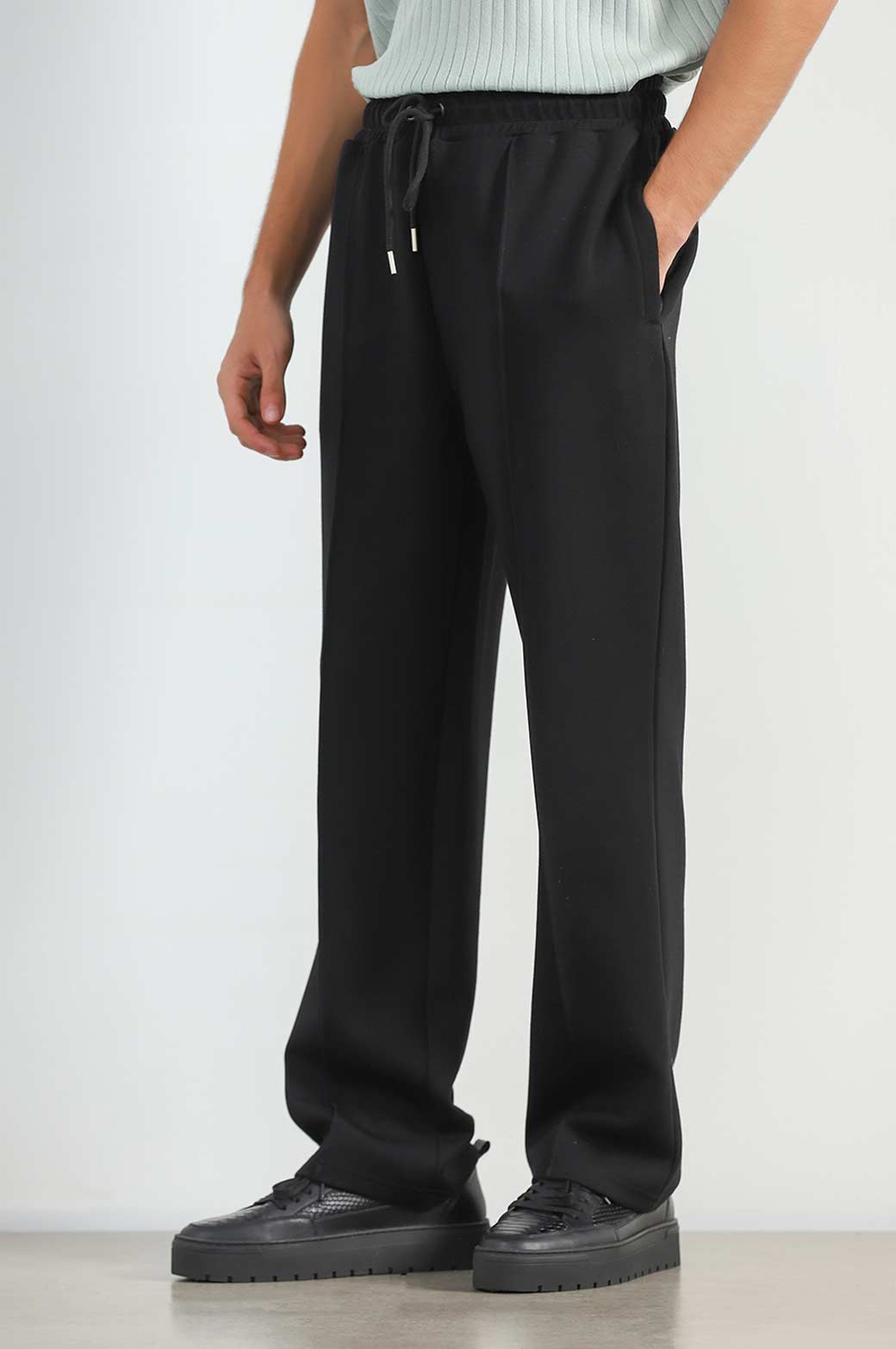 Black Relaxed Fit Super Soft Knitted Pants with Front Seam Detail