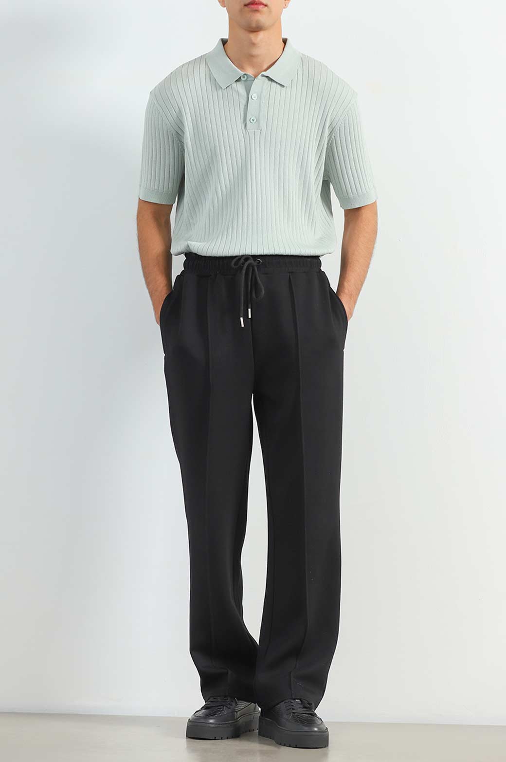 Black Relaxed Fit Super Soft Knitted Pants with Front Seam Detail