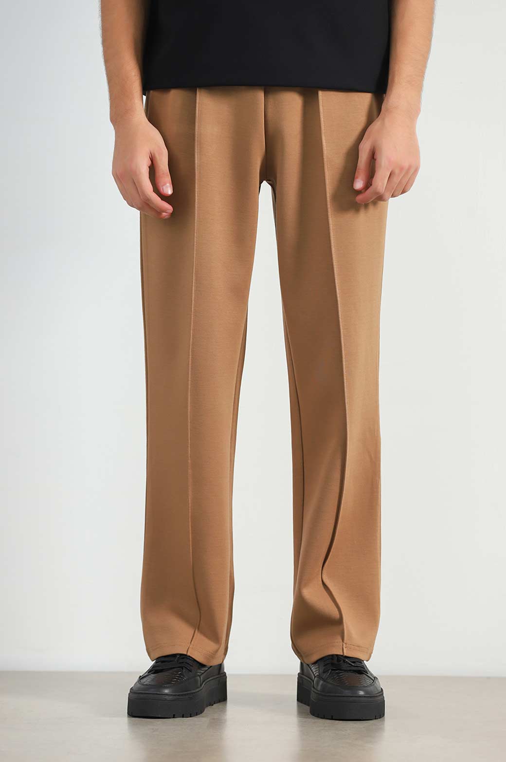 Khaki Super Soft Relaxed Fit Knitted Pants with Front Seam Detail