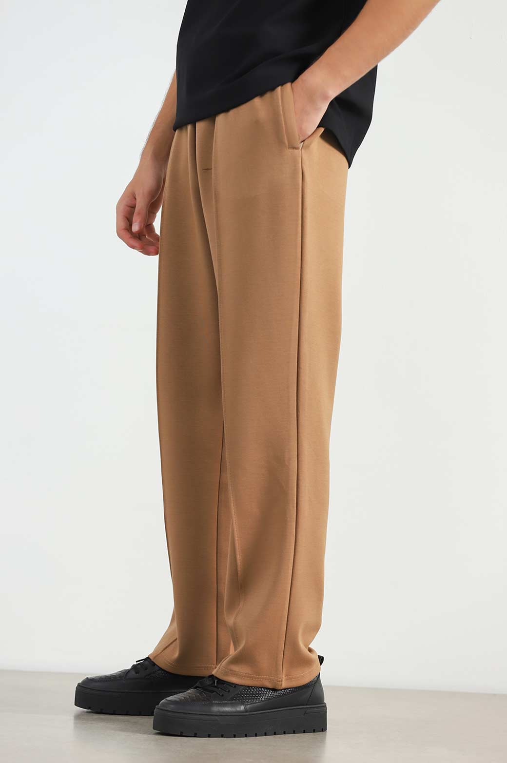 Khaki Super Soft Relaxed Fit Knitted Pants with Front Seam Detail