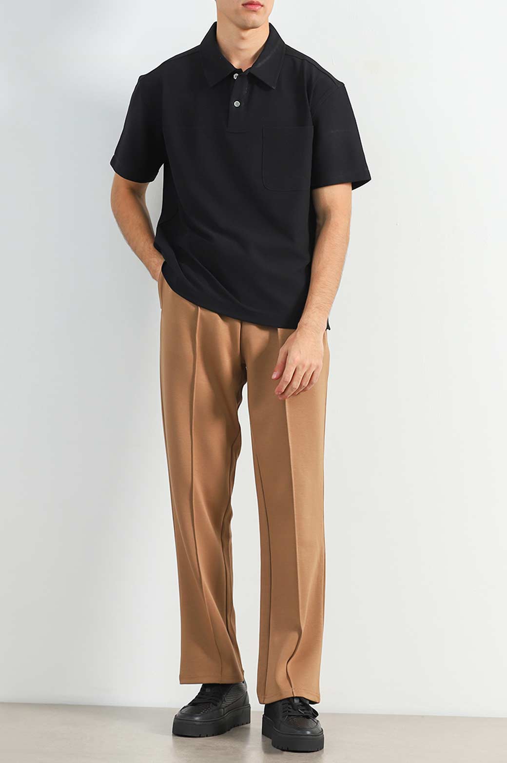Khaki Super Soft Relaxed Fit Knitted Pants with Front Seam Detail