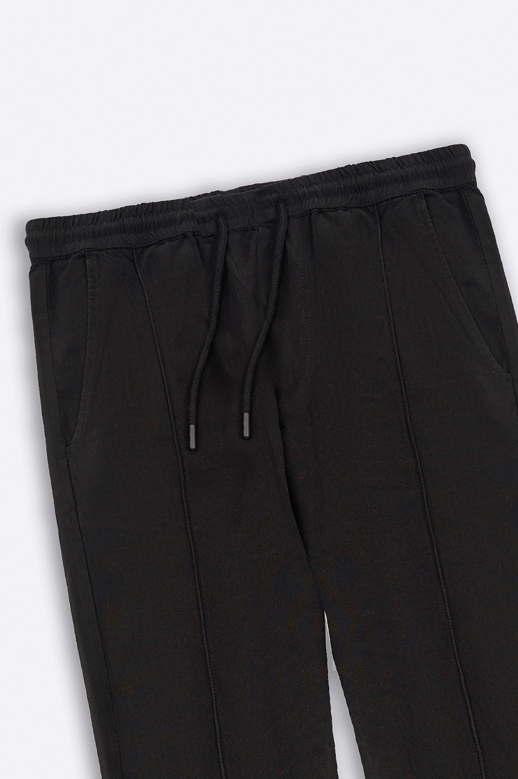 Black Relaxed Fit Linen Blend Soft Pants with Pleat Detail