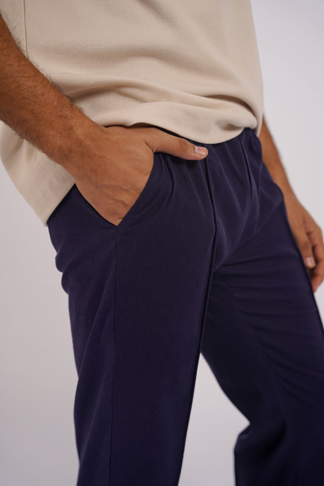 Navy Soft Relaxed Fit Linen Pants with Pleat Detail
