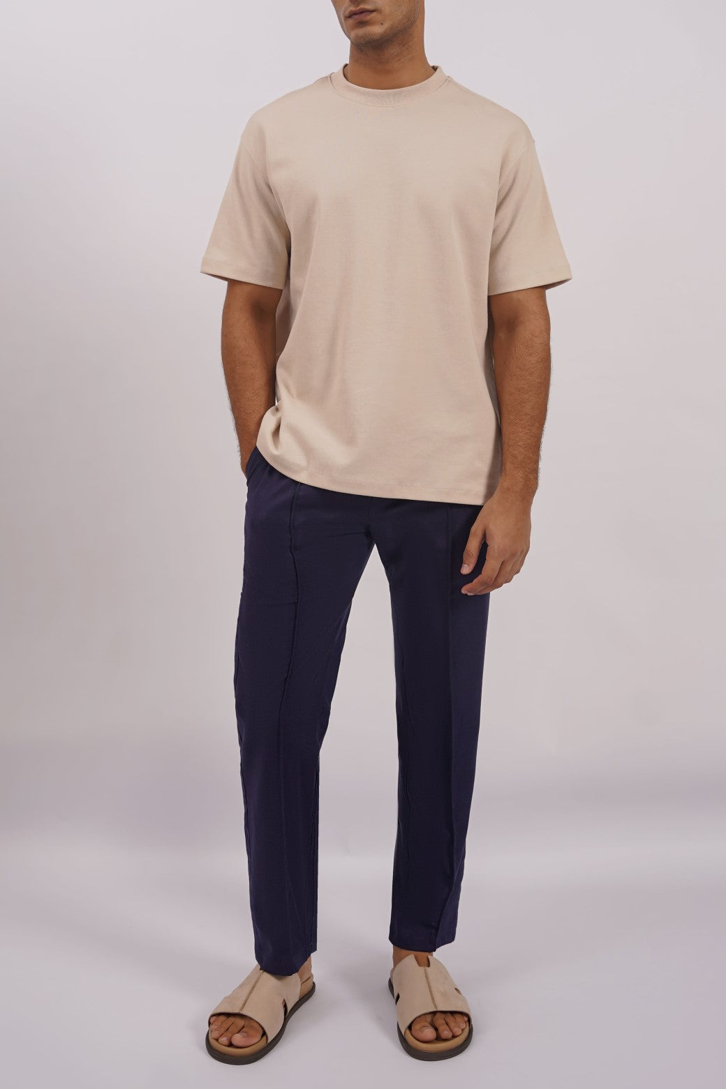Navy Soft Relaxed Fit Linen Pants with Pleat Detail