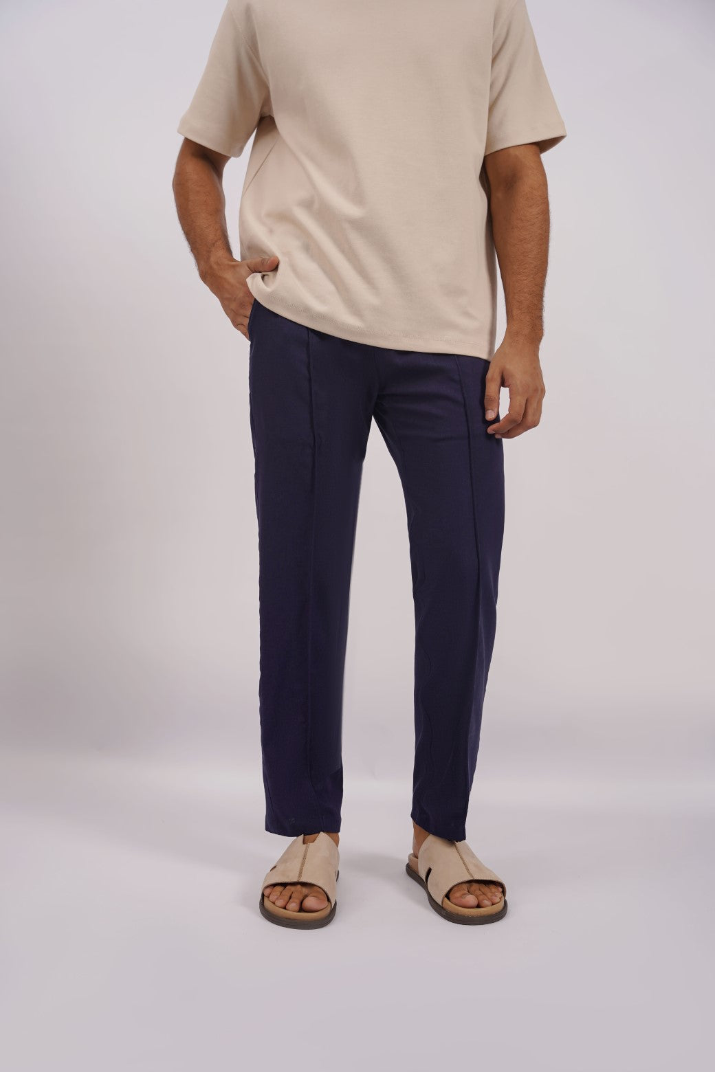 Navy Soft Relaxed Fit Linen Pants with Pleat Detail
