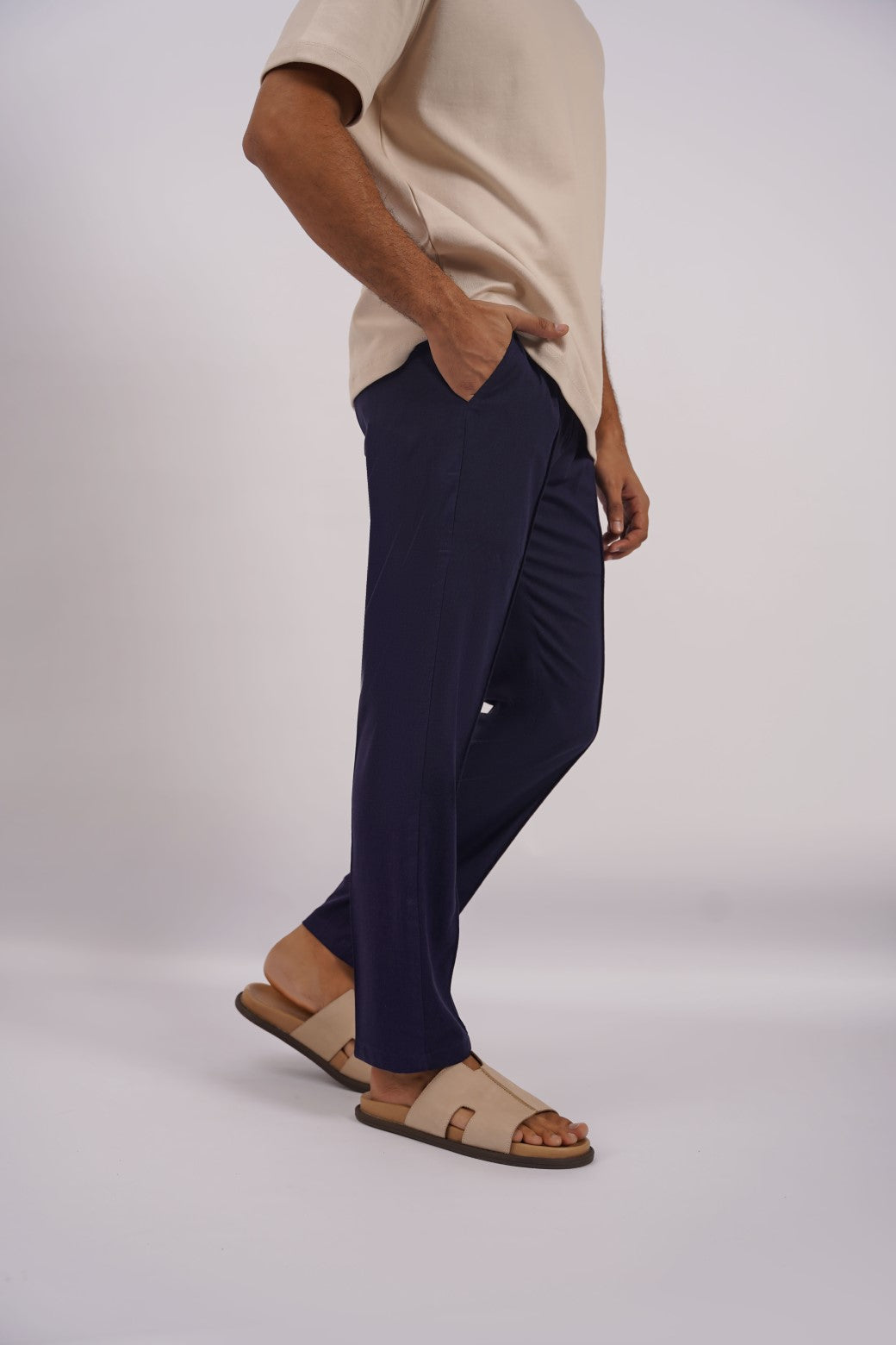 Navy Soft Relaxed Fit Linen Pants with Pleat Detail