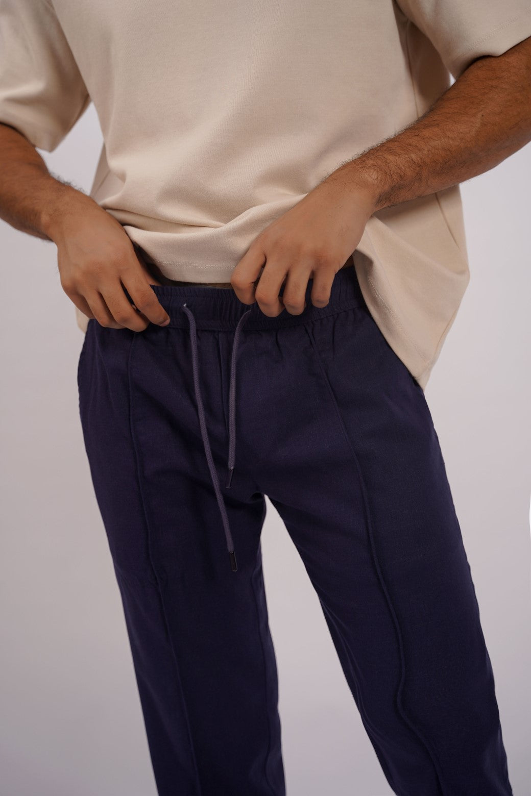Navy Soft Relaxed Fit Linen Pants with Pleat Detail