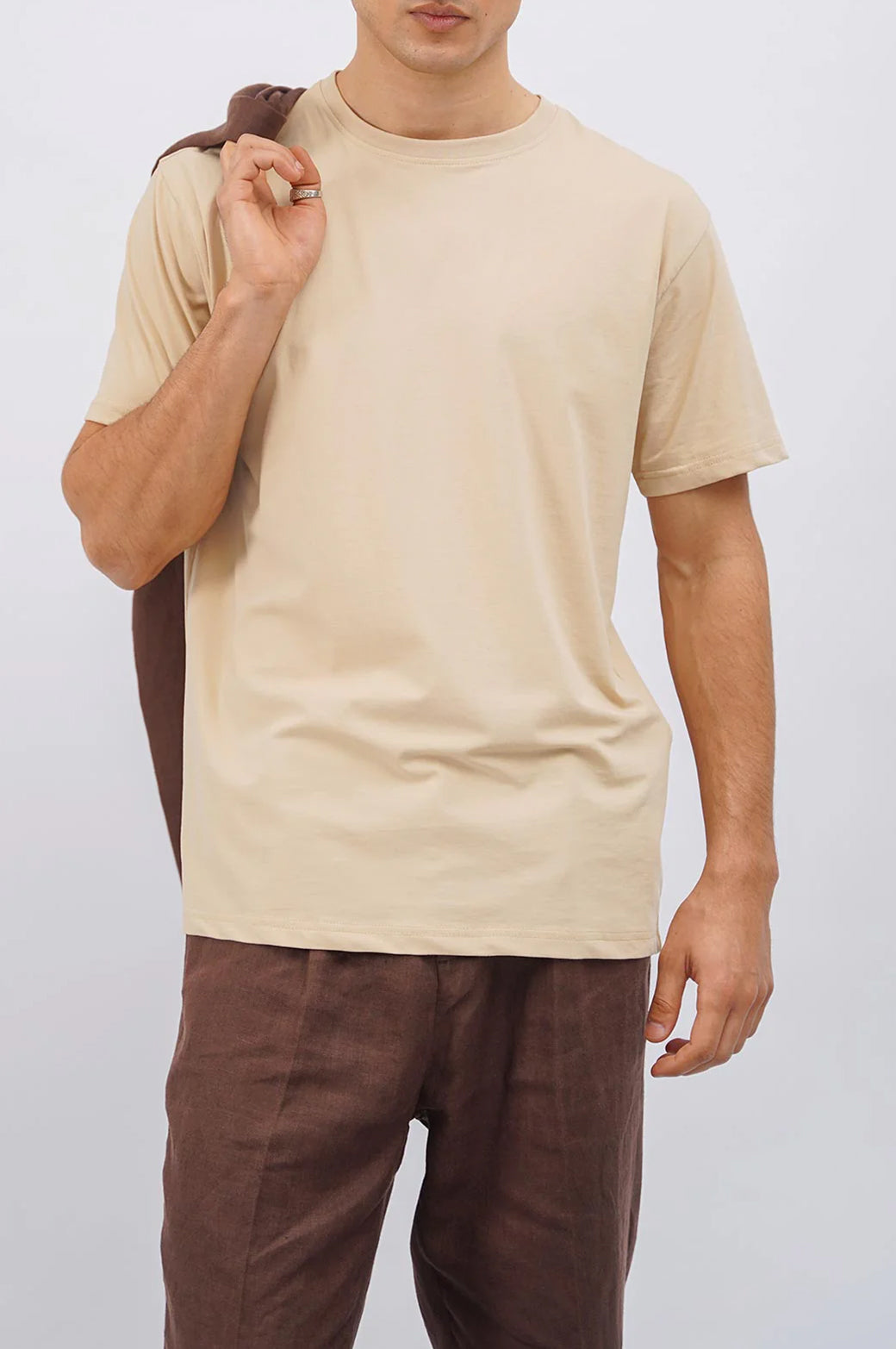 Beige Slim Fit Soft Round Neck Short Sleeve T-Shirt